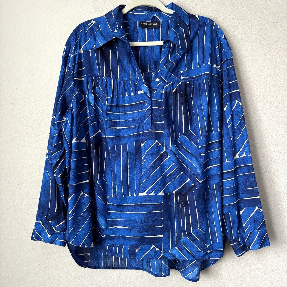 Lane Bryant 18/20 Relaxed Collared Cotton Split-Neck Popover in Blue Geo Stripe